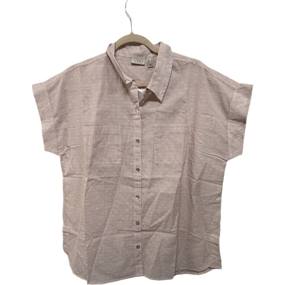 LOGO by Lori Goldstein Blush Pink Stripe Button Front Shirt M NWOT 100% Cotton